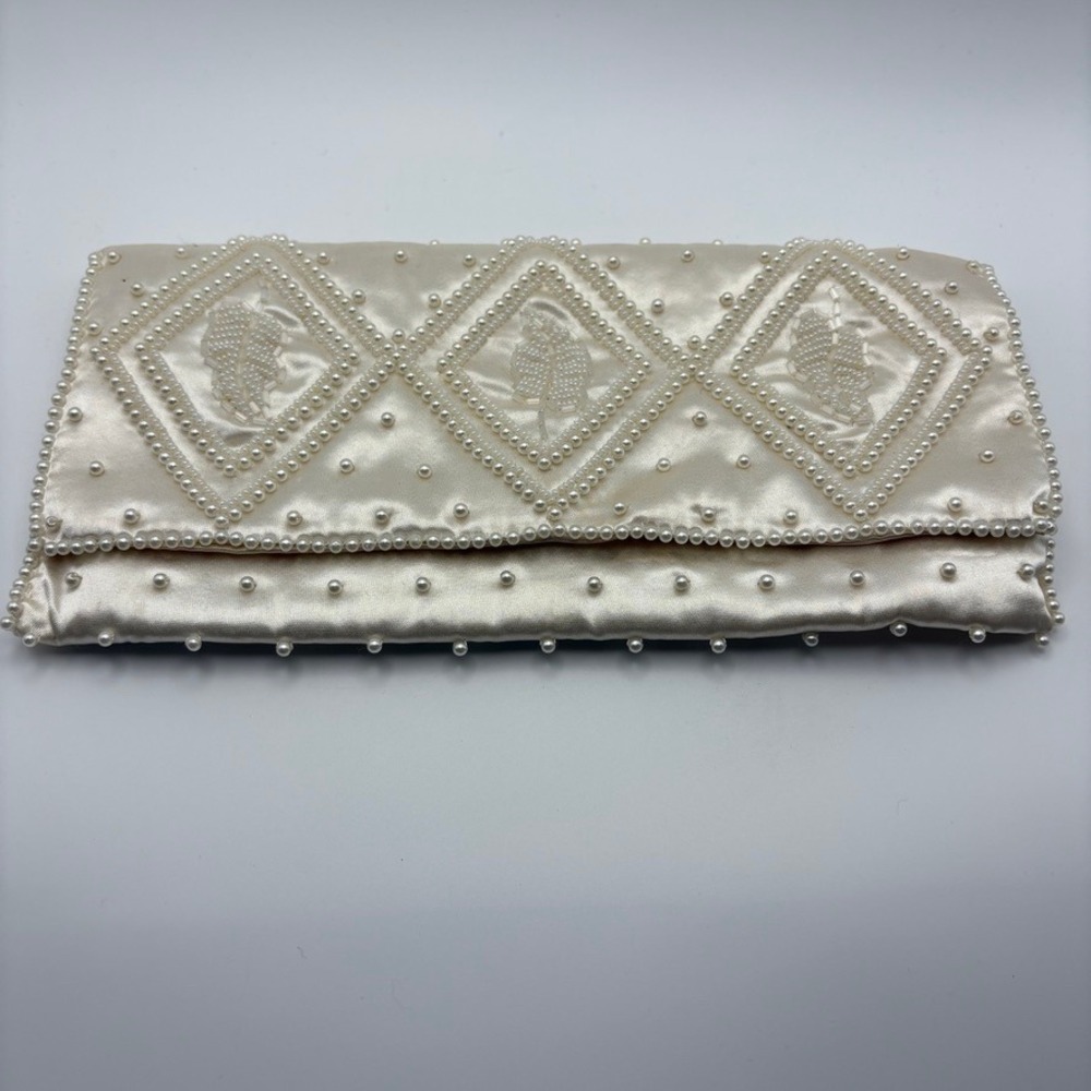 Vtg BonSoir Cream Satin Beaded Clutch Bag Hand Made in Japan Italian Beads